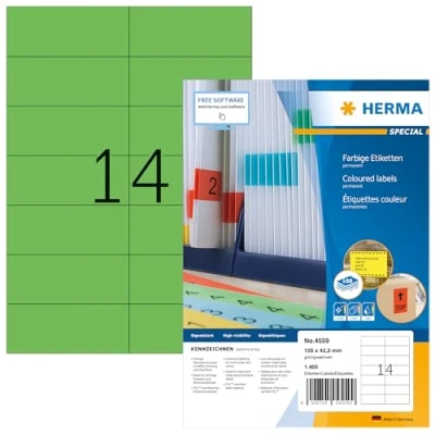 Obrázek HERMA 4559 barevné etikety zelené, 100 listů, 105 x 42,3 mm, 14 na arch A4, 1400 kusů, samolepicí, potisknutelné, matné, prázdné papírové nálepky