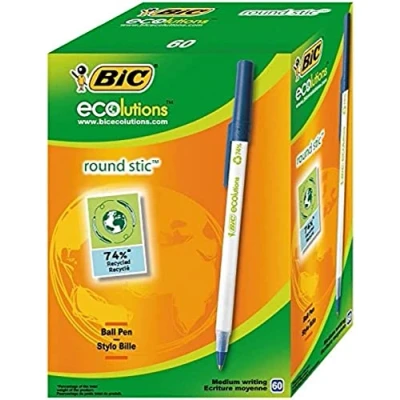Obrázek BIC Kuličkové pero ECOlutions Round Stic, v modré, tloušťka linky 0,4 mm, balení po 60 kusech, ideální do kanceláře, domácí kanceláře nebo školy