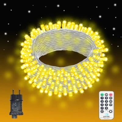 Obrázek EASTERNSTAR Světelný řetěz s 500 LED se zástrčkou, dálkové ovládání a časovačem, 55 m, 8 režimů, vodotěsná dekorace, vnitřní, venkovní, svatba, party, Vánoce, osvětlení, teplá bílá