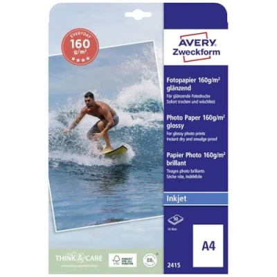 Obrázek AVERY Zweckform 2415 Classic Inkjet fotopapír (40 listů, 160 g/m², papír DIN A4, jednostranně povrstvený, lesklý, bílý, pro tisk fotografií na inkoustové tiskárně, okamžitě schnoucí)