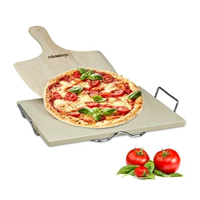 Obrázek Relaxdays Sada kamenné desky na pizzu, síla 1,5 cm, s kovovým držákem a dřevěnou lopatkou, 7 x 43 31,5 obdélníkový kámen pizza korpus koláče lopatkou vhodný do trouby přírodní