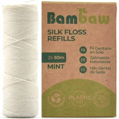Obrázek Bambaw Zahnseide Echte Seide Dental Floss Biologisch Abbaubare Gewachst Nachhaltig Bio Natürliche 2x50 Meter lang