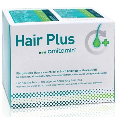 Obrázek amitamin© Vitamíny pro vlasy Hair plus 60 komplexních kapslí ve vysokých dávkách zinek, měď, biotin, selen, kyselina listová 16 důležitých živin také proti dědičnému vypadávání vlasů