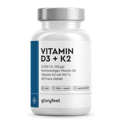 Obrázek Vitamin D3 + K2 ve vysokých dávkách 200 tablet Premium: K2VITAL® od Kappa 99,7% All Trans MK7 2. 000 IE (1 tableta každé 2 dny) laboratorně testováno a vyrobeno v Německu