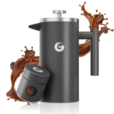 Obrázek frenchpress / kávovar čajovar 1 litr od Coffee Gator na s dvojitou stěnou, aby káva zůstala déle horká kávová konvice v matné šedé mini dóza kávu navíc