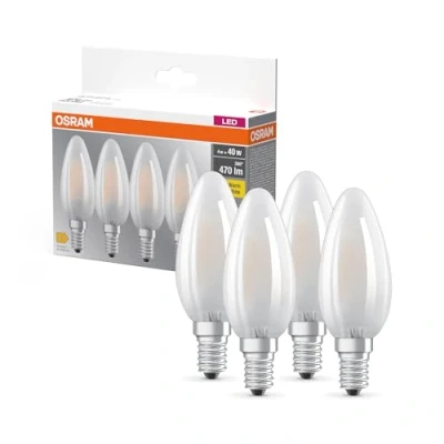 Obrázek OSRAM LED BASE B40, výhodné balení se 4 svítidly, nahrazuje běžné 40W žárovky, W, teplá bílá (2700 K), matné sklo, nestmívatelné, tvar svíčky, E14,