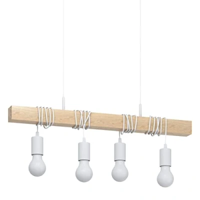 Obrázek EGLO závěsné svítidlo Townshend, 4 plamenné vintage v industriálním designu, retro závěsná lampa z oceli a dřeva, barva: bílá, hnědá, objímka: E27