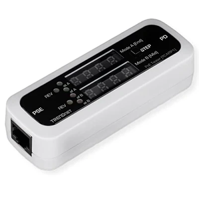 Obrázek TRENDnet TC NTP1 Online PoE Tester, testuje technologii 4PPoE, PoE+, a Pasivní PoE, výkon, napětí, proudová síla, polarita, LED displej, žádná baterie, bílý