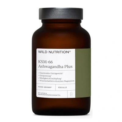 Obrázek Wild Nutrition Food Grown® Ashwagandha KSM 66 Plus Ethically Sourced Capsules to Support Mind and Body No Added Filler Effective Tablety 60 kapslí