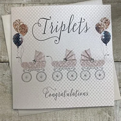 Obrázek WHITE COTTON CARDS Blahopřání pro novorozence s trojčaty, ruční výroba, se stříbrným kočárkem, bavlna, bílá, 16 cm x