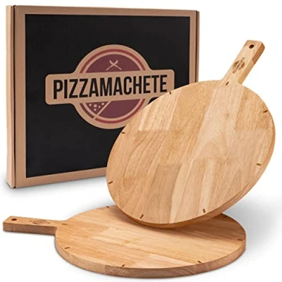 Obrázek PIZZAMACHETE Dřevěný talíř na pizzu, deska pizzu z kaučukového dřeva, příslušenství doma, kulaté krájecí prkénko, talíř, Foccacia nebo chléb, dřevěné prkénko 30,5 cm, sada 2 ks