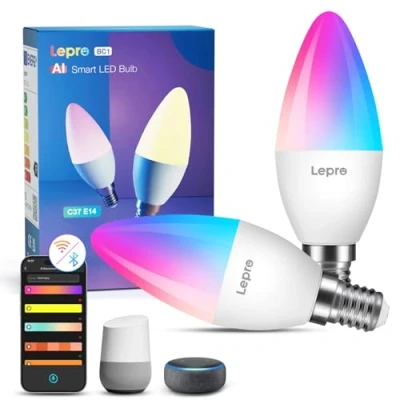 Obrázek Lepro AI Smart žárovka BC1, 4,9 W 470 LM E14 stmívatelná, asistent světelného designu, teplá bílá a RGB, kompatibilní s Alexa/Google, hlasové ovládání/Sync, WiFi &amp; Bluetooth, 2 kusy