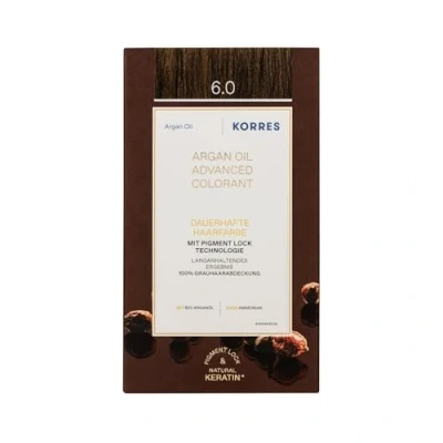 Obrázek KORRES Argan Oil Colorant barva na vlasy bez amoniaku tmavá blond 6.0 100% zakrytí šedých vlasů a veganská pro dlouhotrvající barevný výsledek