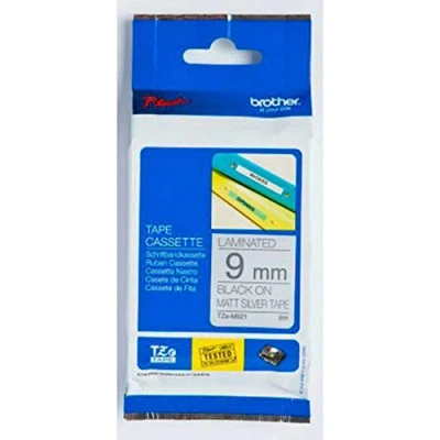 Obrázek Brother Originální P touch popisovací páska TZe M921 9 mm, (mimo jiné pro PT H100LB/R, H105, E100/VP, D200/BW/VP, D210/VP) laminovaná TZEM921 černá, stříbrná