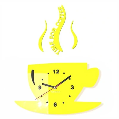 Obrázek FLEXISTYLE Hrnek Time for Coffee (čas na kávu) Moderní kuchyňské nástěnné hodiny, citronově žlutá, 3D římská, hodiny dekorace