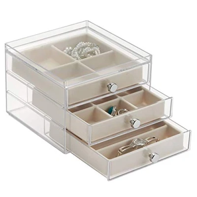 Obrázek iDesign Clarity šperkovnice se 3 zásuvkami a vložkami, plast, průhledná, 16,5 x 17,8 12,5 cm