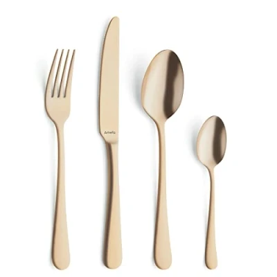 Obrázek AMEFA AUSTIN Besteck Set 4 Personen (gold) 16 teilig PVD veredelt mattiertes Besteckset aus rostfreiem Edelstahl 18/0 goldenes gold