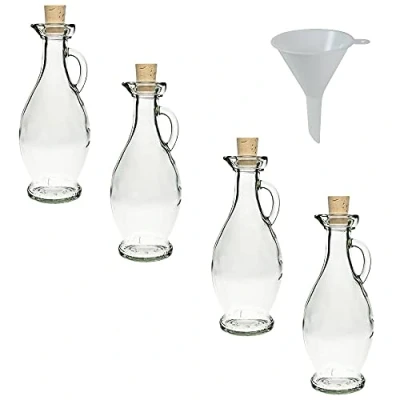 Obrázek Viva Haushaltswaren 4 x skleněná láhev 250 ml s korkovým uzávěrem a uchem, tvarově krásná sada sklenic jako na olej, pálenku likér atd. použitelná (vč. nálevky Ø 7 cm)