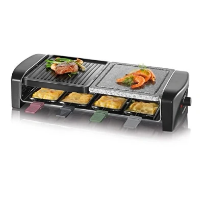 Obrázek SEVERIN gril na raclette s přírodním grilovacím kamenem a grilovací deskou, nepřilnavou stolní pro 8 osob, max. 1 400 W, ušlechtilá ocel / černá, RG 9645