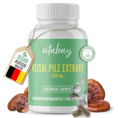 Obrázek Vitabay Reishi houbový extrakt 650 mg 180 veganských kapslí s 35% aktivními polysacharidy vitální houba laboratorně testováno a vyrobeno z vysoce kvalitních surovin