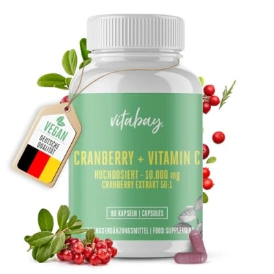 Obrázek Vitabay Kapsle z brusinek s vysokou dávkou 10000 mg + vitamin C 90 kapslí Veganský brusinkový extrakt přírodních přísad brusinkové tablety brusinky vysoké dávky a laboratorně