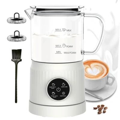 Obrázek 4 v 1 napěňovač mléka elektrický a ohřívač mléka, automatický pro horké studené, vizuální sklo, pěna na kávu, latte, cappuccino, bílý