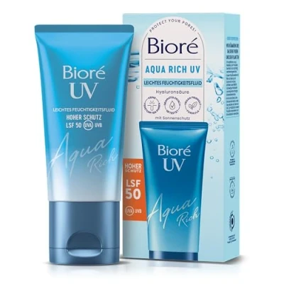 Obrázek Biore Aqua Rich UV Lehký hydratační krém na obličej Ochrana proti slunci Ochranný faktor LSF 50 UVA/UVB Funguje pod make up Nemastí