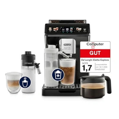 Obrázek Plně automatický kávovar De&#039;Longhi Eletta Explore Perfetto ECAM452.57.G se systémem mléka LatteCrema, horké a osvěžující nápoje stiskem tlačítka, 3,5palcový TFT dotykový displej, včetně kávové konvice
