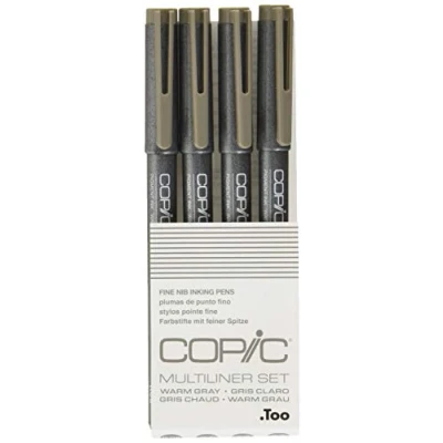 Obrázek COPIC Multiliner Set, Warm Gray, 4 mikrofix v různých tloušťkách tahů, zvýrazňovací tužky s jemnou špičkou a voděodolným pigmentovým inkoustem
