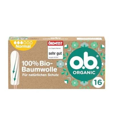 Obrázek o.b. Organic Normální (16 kusů), tampony ze 100% bio bavlny se zakřivenými drážkami pro střední/silnější dny, spolehlivou a přirozenou ochranu během období