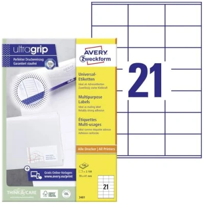 Obrázek AVERY Zweckform 3481 adresní nálepky (2. 100 lepicích štítků, 70 x 41 mm na A4, papír matný, potištěné štítky odesílatele, samolepicí s ultragripem) listů, bílé