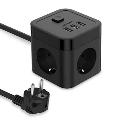 Obrázek JSVER Zásuvková lišta kostka USB vícenásobná zásuvka Cube 3 přihrádky se (15,5 W) zásuvkami 3680 W s vypínačem pro kancelář, domácnost 1,5 m kabel černá