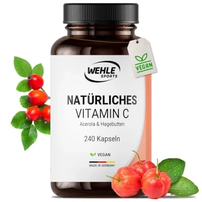 Obrázek Přírodní vitamín C vysoká dávka 240 veganských kapslí 4 měsíční zásoba výtažku z acerola a šípkový extrakt 400 mg čistého vitaminu Pro denní (2 kapsle) laboratorně testováno