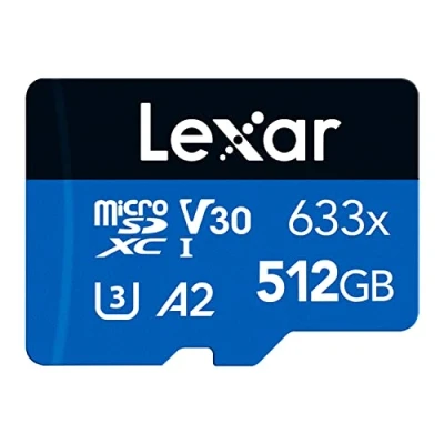 Obrázek Lexar 633 x 512 GB Micro SD karta, microSDXC UHS I karta + adaptér, čtení až 100 MB/s, paměťová s A2, C10, U3, V30, pro mobilní telefon/tablet//monitorovací kameru