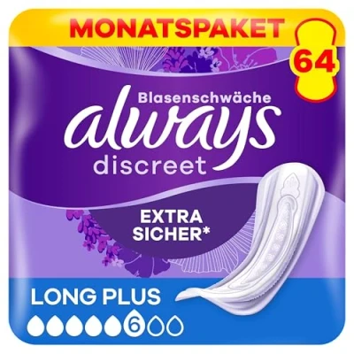 Obrázek Always Discreet Inkontinenční vložky Long Plus, 64 obvazů (4 x 16 kusů) měsíční balíček, diskrétní ochrana &amp; vysoká sací síla, neutralizuje zápach (balení se může lišit)