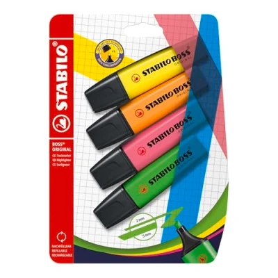 Obrázek Zvýrazňovač STABILO Boss ORIGINAL balení 4 ks zelená, růžová, oranžová, žlutá