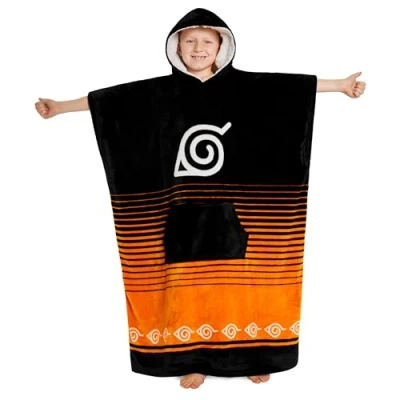 Obrázek Naruto mikina deka Děti Chlapci Anime Nadměrná velikost Hebká s rukávy teplá fleecová kapucí teenager přenosná svetrová deka, černá/oranžová