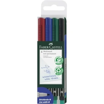 Obrázek FABER CASTELL 152604 popisovač multimark, non permanentní, tloušťka M, 4 kusy v pouzdře, vždy 1x červená, modrá, zelená, černá