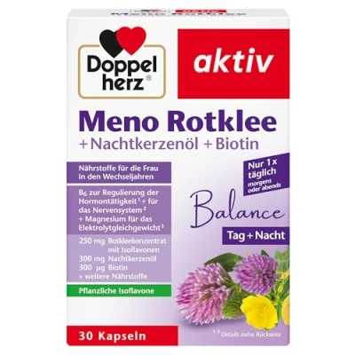 Obrázek Doppelherz Meno červený jetel + pupalkový olej biotin živiny pro ženu během menopauzy s rostlinnými isoflavony 30 kapslí