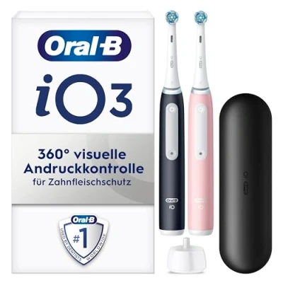Obrázek Oral B iO Series 3 elektrický zubní kartáček, dvojité balení, 2 nasazovací kartáčky, režimy čištění pro péči o zuby, cestovní pouzdro, vítěz testu Stiftung Warentest (12, 2024),