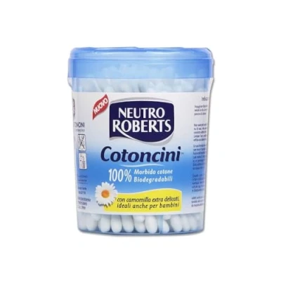 Obrázek Neutro Roberts, Baumwolle mit hygienischer Box, weiche und 100% biologisch abbaubare Wattestäbchen Stiel aus Karton, geeignet für Kinder Packung 100 Stück