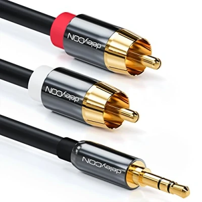 Obrázek deleyCON 15m kabel jack cinch 3,5 mm k RCA stereo audio 1x konektor na 2x kovový černý