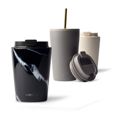 Obrázek MAMEIDO Termohrnek 350 ml, 470 ml &amp; 700 hustý hrnek na kávu s sebou z ušlechtilé oceli dvoustěnně izolovaný, zabezpečený proti vytečení Coffee to go udržuje teplo (Black Marble, 0,35 l)