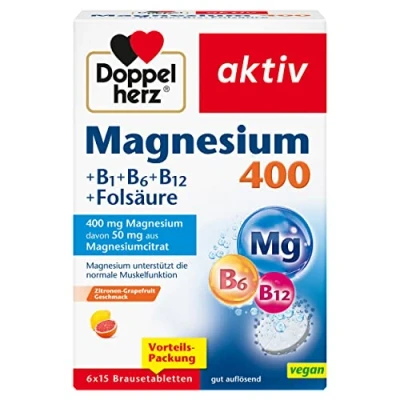 Obrázek Doppelherz hořčík 400 + B1 B6 B12 kyselina listová jako příspěvek k normální funkci svalů 6 x 15 šumivých tablet (výhodné balení)