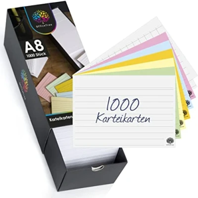 Obrázek OfficeTree Sada 1000 kartotéčních listů A8 kartotéční lístky linkované, čtverečkované, blanco a barevné kartičky s kartotékovou kartou pro anglický slovník, vzorce