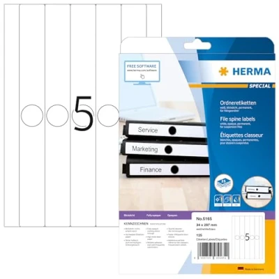Obrázek HERMA 5165 etikety pro závěsné pořadače DIN A4 neprůhledné, úzké/dlouhé (34 x 297 mm, 25 listů, papír, matný), samolepicí, potištěné, permanentní přilnavé etikety, 125 štítků, bílé