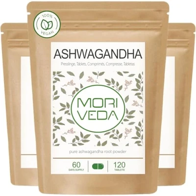 Obrázek Ashwagandha tablety 2000 mg 100 % kořenový prášek zásoba 180 dní čistý přírodní produkt ve špičkové kvalitě Vegan &amp; bez lepku rovnováha a vnitřní klid od MoriVeda 360 lisů