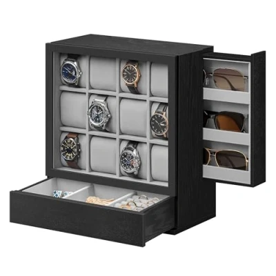 Obrázek SONGMICS Uhrenbox 12 Fächer, Uhrenkasten mit Fenster, Uhren Präsentation, Massivholzfurnier, Samtfutter, vertikale Aufbewahrung, platzsparend, Geschenkidee, ebenholzschwarz JOW014B01