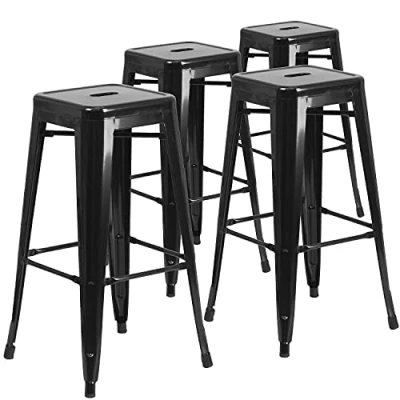 Obrázek Flash Furniture Barová stolička Lily, komerční kvalita, 76 cm vysoká, bez opěradla, černý kov, pro vnitřní i venkovní použití, čtvercová sedací plocha, 4 kusy
