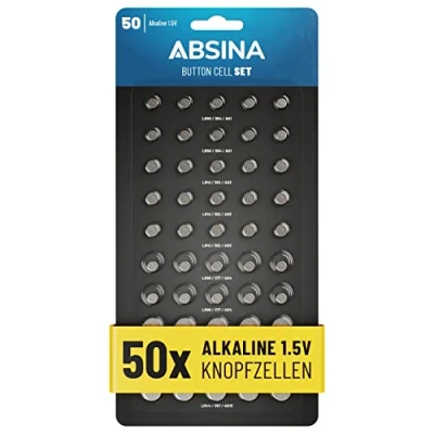 Obrázek ABSINA Balení 50 ks alkalických knoflíkových článků sortiment 10x AG1 / 15x AG3 AG4 AG10 5X AG13 1,5V baterie zabezpečený proti vytečení sada smíšené,